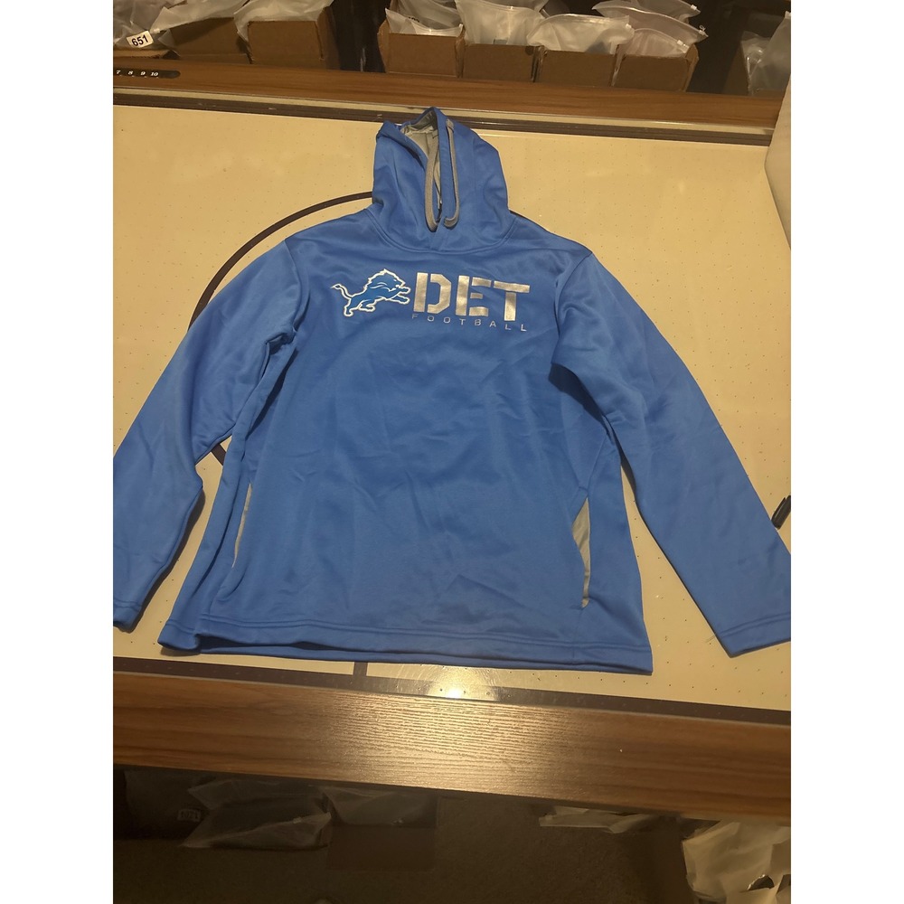 NFL Detroit Lions LogoAthletic Blue Silver Foil Football Hoodie Mens Large NEW